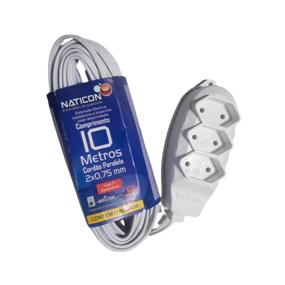 Extensão Naticon Tripla Paralela 2X0.75 Branca 10M 581