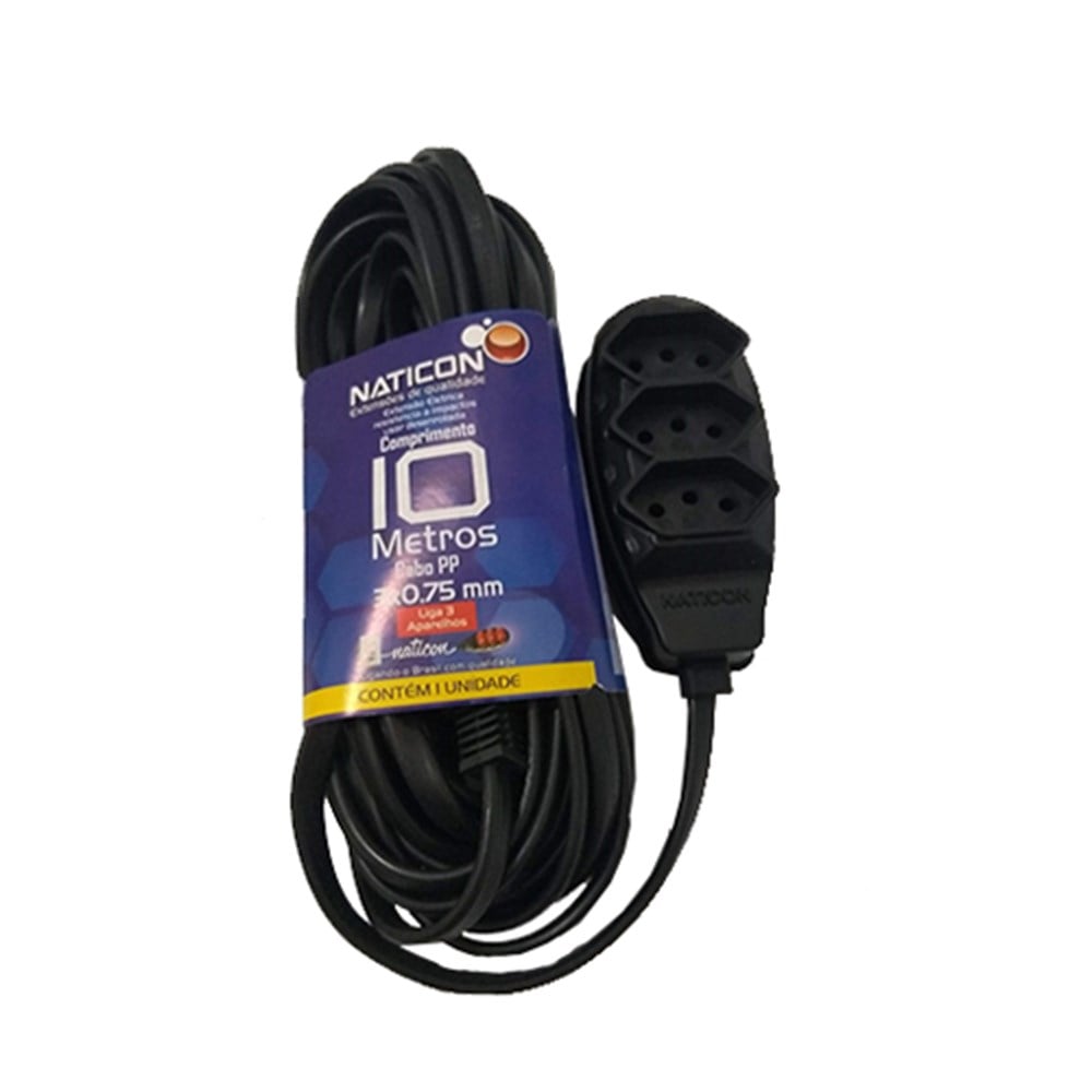 Extensão Naticon Tripla 2P+T PP 3X0.75 Preta 10M 566